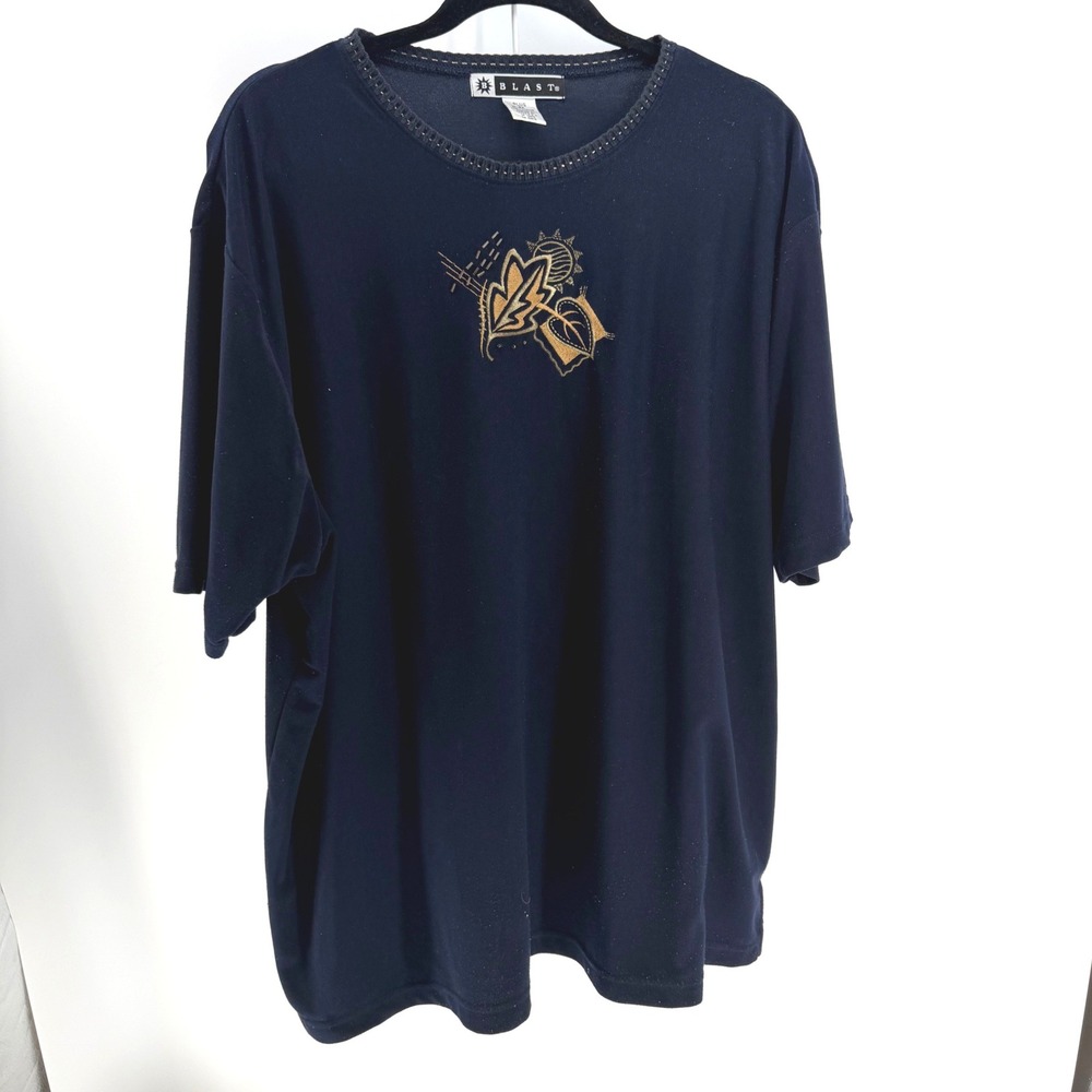 Blast Top Women 2X Navy Blue Embroidery Beaded Velour Art Eclectic Lagenlook VTG